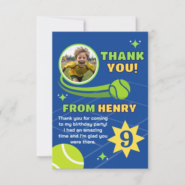 Cartão De Agradecimento Blue Modern Tennis Ball Birthday Kids (Frente)