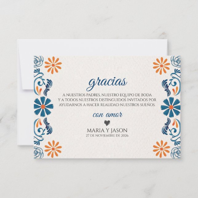 Cartão De Agradecimento Blue Orange Floral Elegant Fiesta Spanish Wedding (Frente)