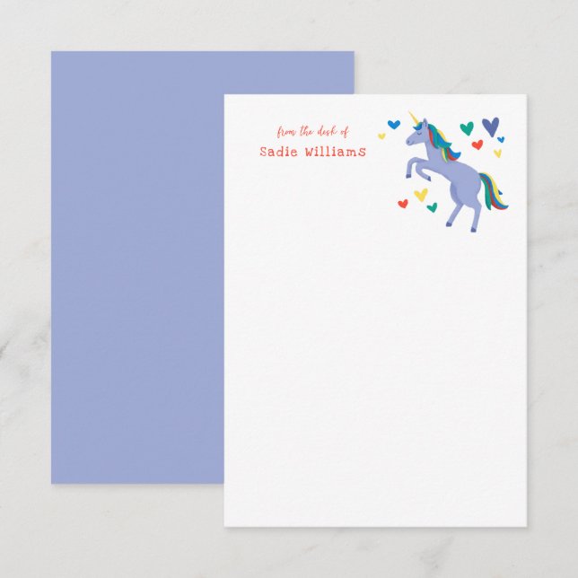 Cartão De Agradecimento Blue Pastel Rainbow Unicorn Kids Personal Note (Frente/Verso)