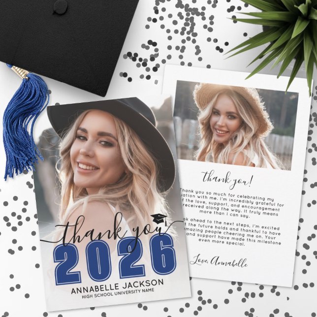 Cartão De Agradecimento Blue Photo Graduation (Blue Photo Graduation Thank You Card)
