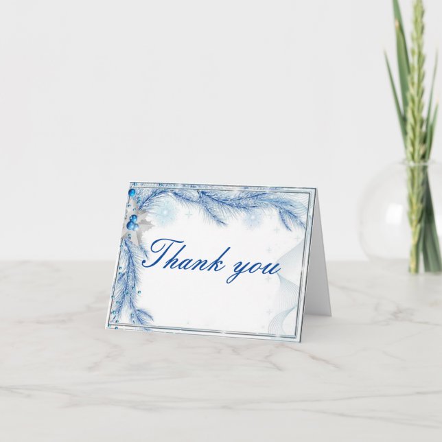 Cartão De Agradecimento Blue Pine Winter Christmas Wedding Thank You Card (Frente)