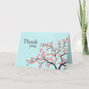 Cartão De Agradecimento Blue pink cherry blossom wedding thank you card