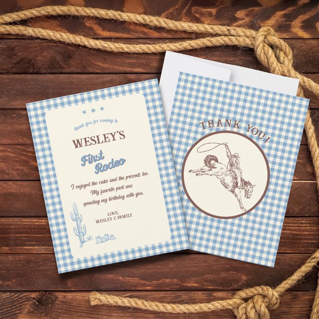 Cartão De Agradecimento Blue Plaid First Rodeo Western 1st Birthday (Blue Plaid First Rodeo Western 1st Birthday Thank You Card)