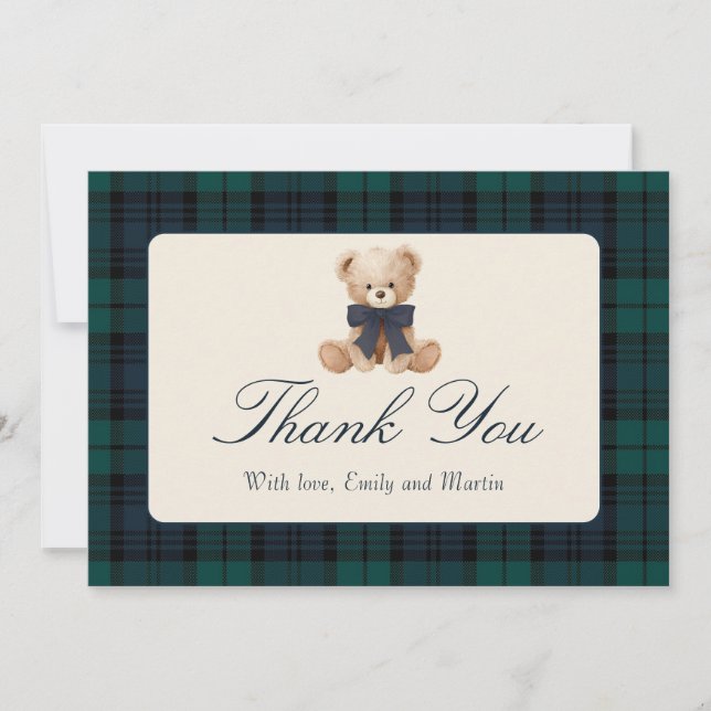 Cartão De Agradecimento Blue Plaid Teddy Bear Baby Shower Thank You Card (Frente)