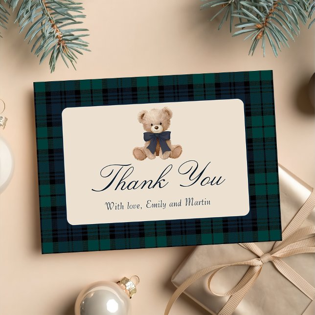 Cartão De Agradecimento Blue Plaid Teddy Bear Baby Shower Thank You Card (Criador carregado)