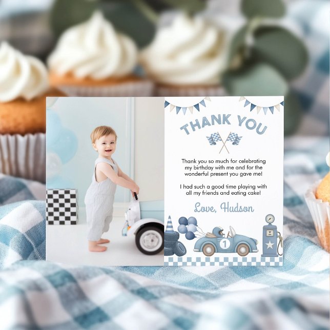 Cartão De Agradecimento Blue Race Car Boy Birthday Party Photo (Criador carregado)