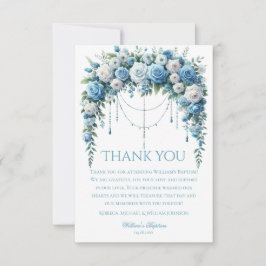 Cartão De Agradecimento Blue Rose & Silver Cross Baptism Thank You Card