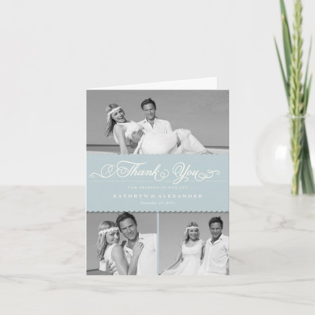 Cartão De Agradecimento Blue Scallop Band Romantic Script 3 Photo Wedding (Frente)