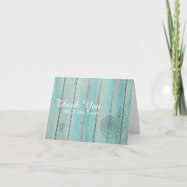 Cartão De Agradecimento Blue Seashell on Wood Beach Wedding Thank You