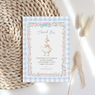Cartão De Agradecimento Blue Silly Goose Floral Gingham Birthday