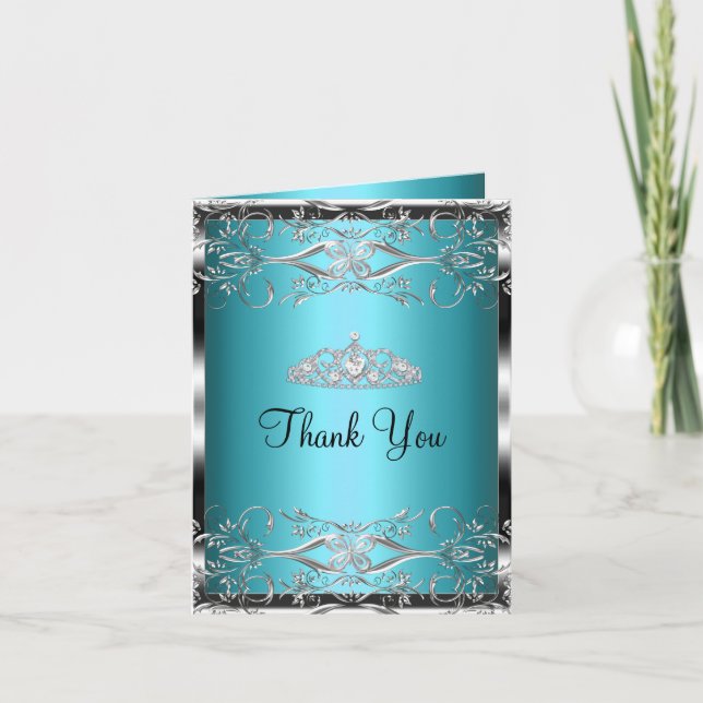 Cartão de Agradecimento Blue Silver Damask & Tiara (Frente)