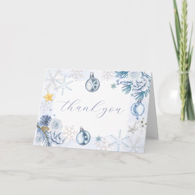 Cartão De Agradecimento Blue Snowflake Flower Winter Baby Shower  (Frente)