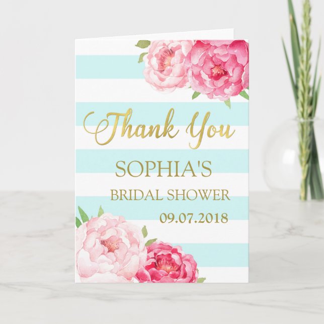 Cartão De Agradecimento Blue Stripes Pink Floral Bridal Shower Thank You (Frente)