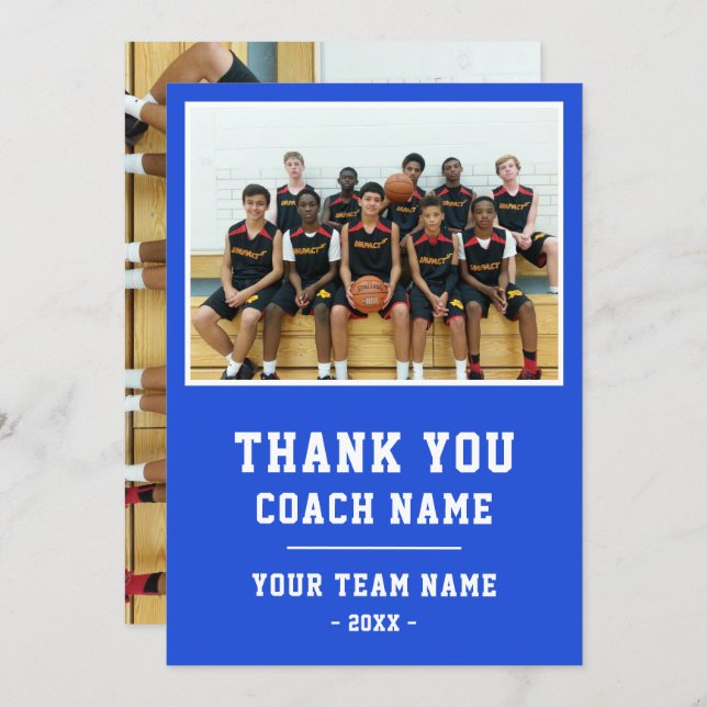 Cartão De Agradecimento Blue Thank you Coach Card Team Name Photo (Frente/Verso)