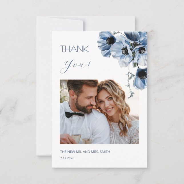 Cartão De Agradecimento Blue Transparent Flowers Wedding Thank You Card (Frente)