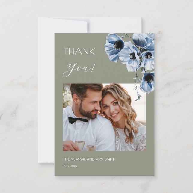 Cartão De Agradecimento Blue Transparent Flowers Wedding Thank You Card (Frente)