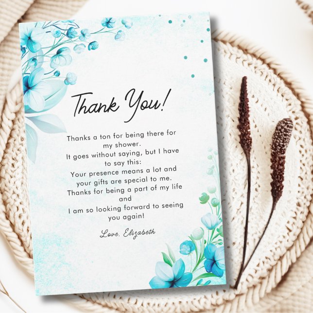 Cartão De Agradecimento Blue Watercolor Wildflowers Modern Bridal Shower (Criador carregado)