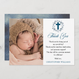 Cartão De Agradecimento Blue Watercolor Wreath Boy Foto Baptism Obrigado