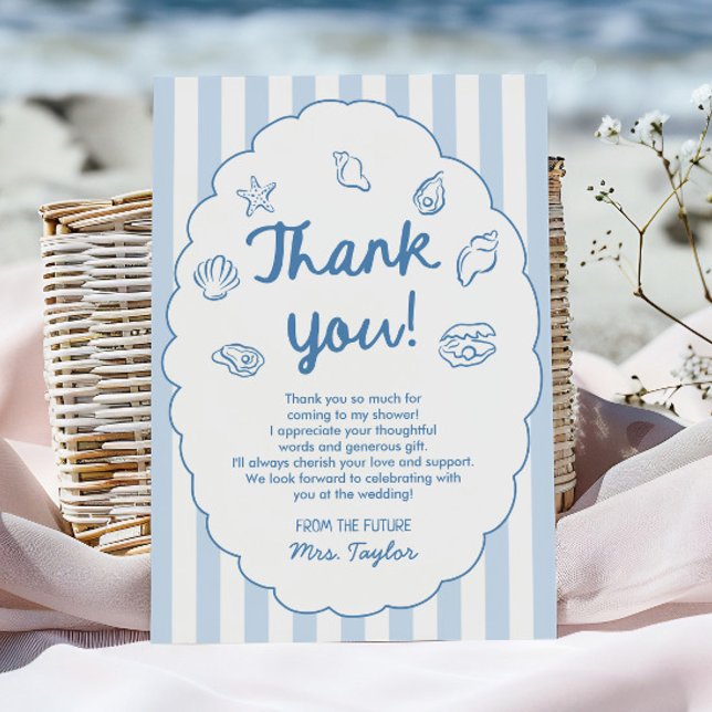 Cartão De Agradecimento Blue Whimsical Seashell Coastal Bridal Shower (Criador carregado)