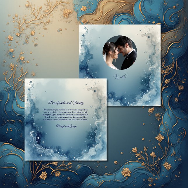 Cartão De Agradecimento blue white Dreamy coastal marble ink wedding photo (Criador carregado)