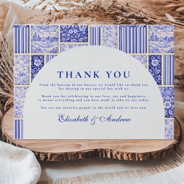 Cartão De Agradecimento Blue White Patchwork Toile Wedding (Criador carregado)