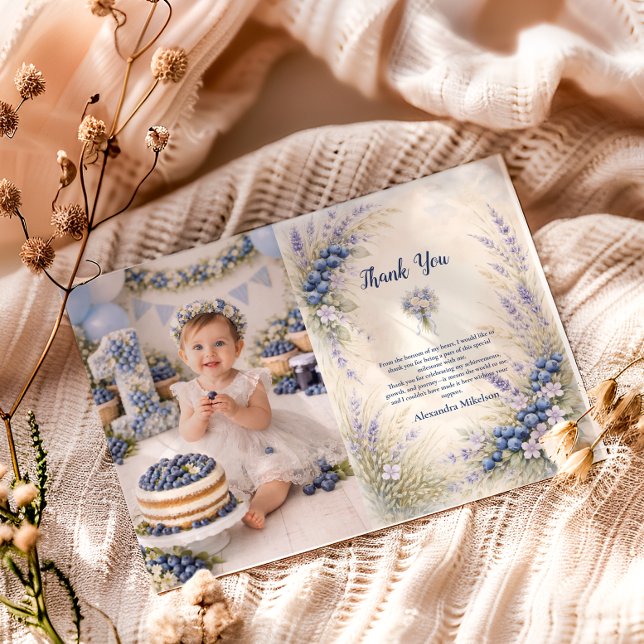 Cartão De Agradecimento Blueberry Botanical Berry Theme 1st Birthday (Criador carregado)