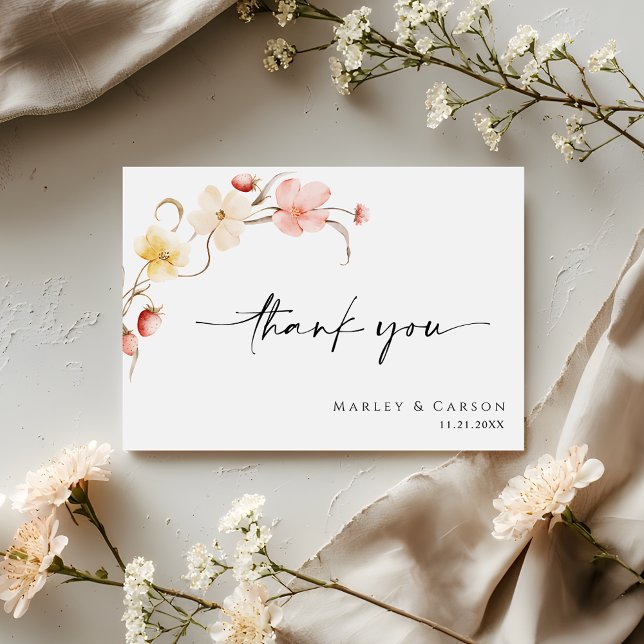 Cartão De Agradecimento Blush Floral Wildflower Elegant Script Wedding (Criador carregado)