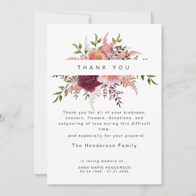 Cartão De Agradecimento Blush Peonies Floral Bereavement Funeral Obrigado (Frente)