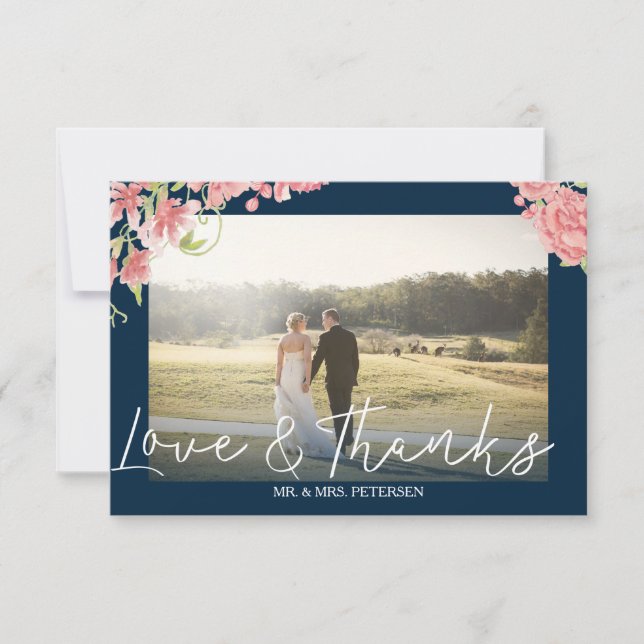 Cartão De Agradecimento Blush peonies marinho branco foto de casamento obr (Frente)