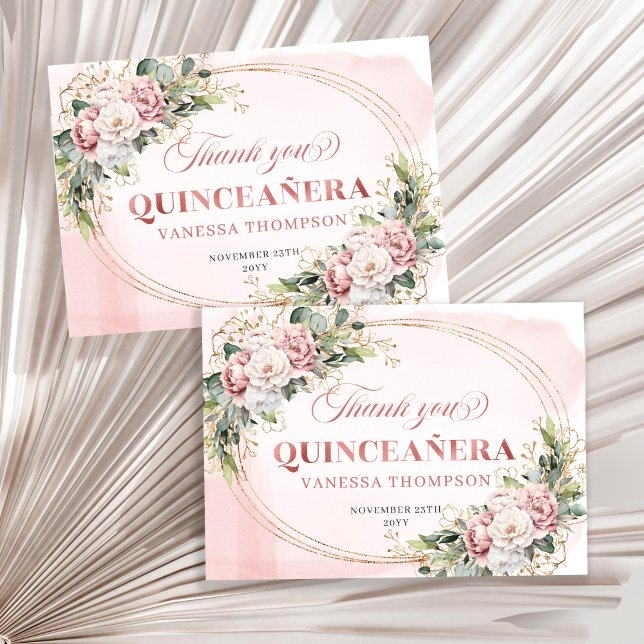 Cartão De Agradecimento Blush Pink Boho Rose Gold Floral Quince Favor Card (Blush Pink Boho Rose Gold Floral Quince Favor Thank You)