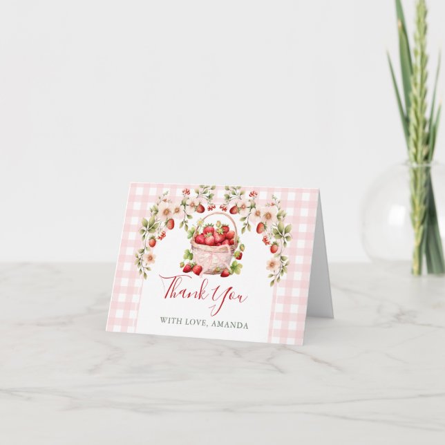 Cartão De Agradecimento Blush Pink Gingham Berry in love Bridal Shower (Frente)