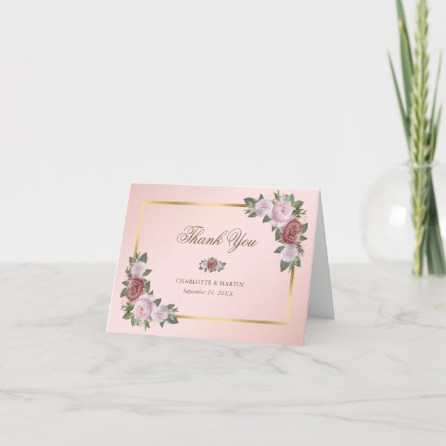 Cartão De Agradecimento Blush Pink Gold Floral Thank You Card (Frente)