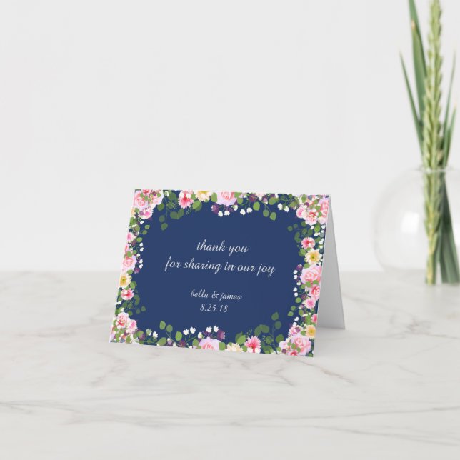 Cartão De Agradecimento Blush Pink Navy Blue Wedding Thank You Notecards (Frente)