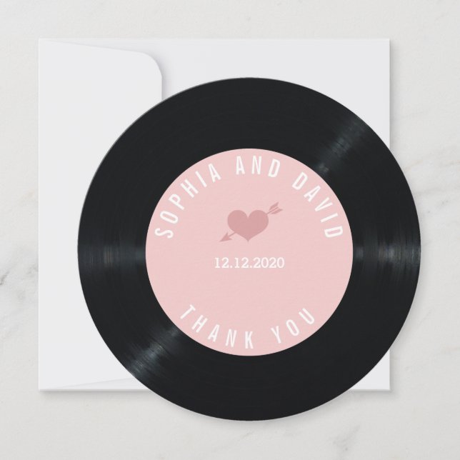 Cartão De Agradecimento Blush Retro Vinyl Record Wedding OBRIGADO (Frente)