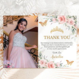 Cartão De Agradecimento Blush Rosa Floral Coroa Dourada Quinceañera Foto