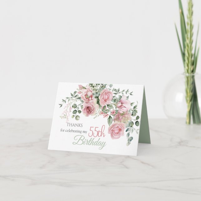 Cartão De Agradecimento Blush Rosa Greenery Eucalypt 55º Aniversário (Frente)