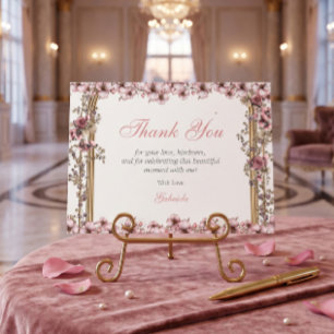 Cartão De Agradecimento Blush Rosa Tiara Floral Quinceañera Prata