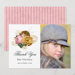 Cartão De Agradecimento Blush Rosa Vintage e Dourado Floral Quinceañera