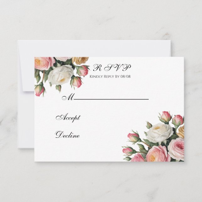 Cartão De Agradecimento Blush, White Rose Floral Wedding RSVP Card (Frente)