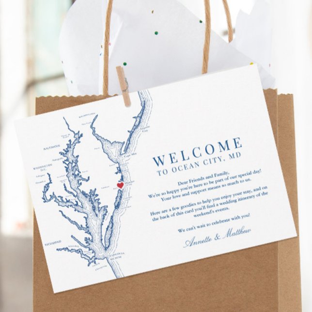Cartão De Agradecimento Boas-vindas e Itinerários do Casamento de Ocean Ci (These Ocean City MD wedding welcome cards include your wedding weekend events on the back)