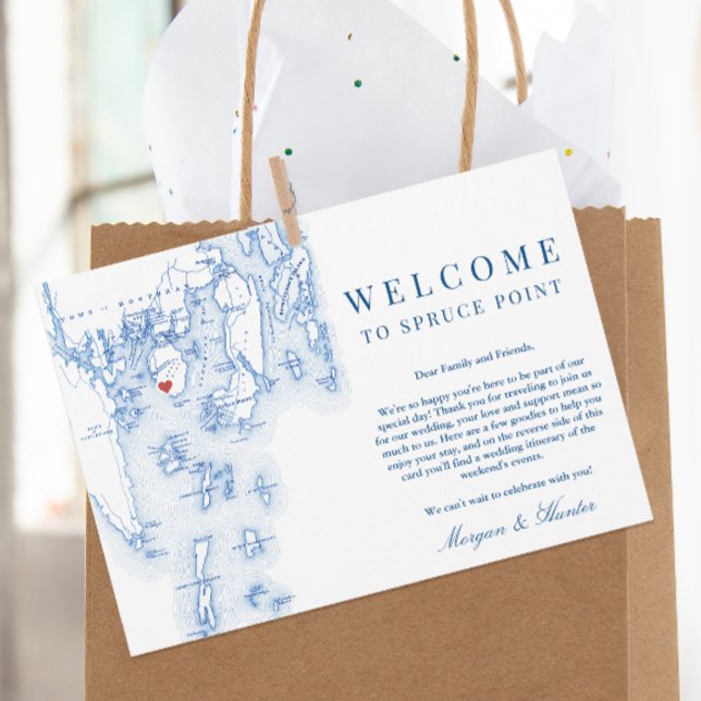 Cartão De Agradecimento Boas-vindas Itinerárias do Spruce Point Maine Map (Welcome To Spruce Point Inn Maine Wedding Itinerary and Weekend Events Letter in elegant navy blue)