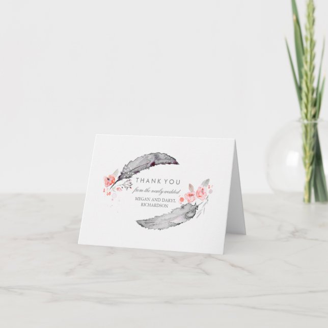 Cartão De Agradecimento Bohemian Feathers Pink and Gray Wedding Thank You (Frente)