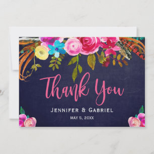 Cartão De Agradecimento Bohemian Floral Pink Marinho Script Weding Obrigad