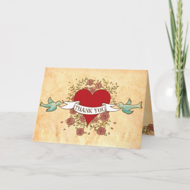 Cartão De Agradecimento Bohemian Heart, Roses, Birds, & Banner Wedding (Frente)
