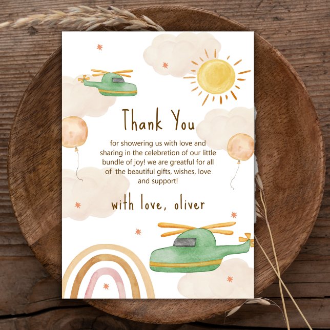 Cartão De Agradecimento Boho Adventure Helicopter Airplane Baby Shower (Boho Adventure Helicopter Airplane Baby Shower Thank You Card)
