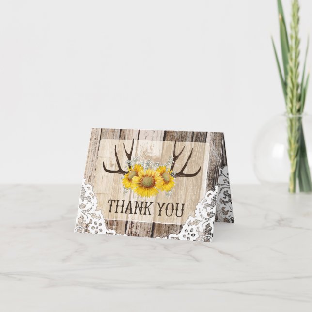 Cartão De Agradecimento Boho Antlers Rustic Wood Sunflowers Lace Thank You (Frente)