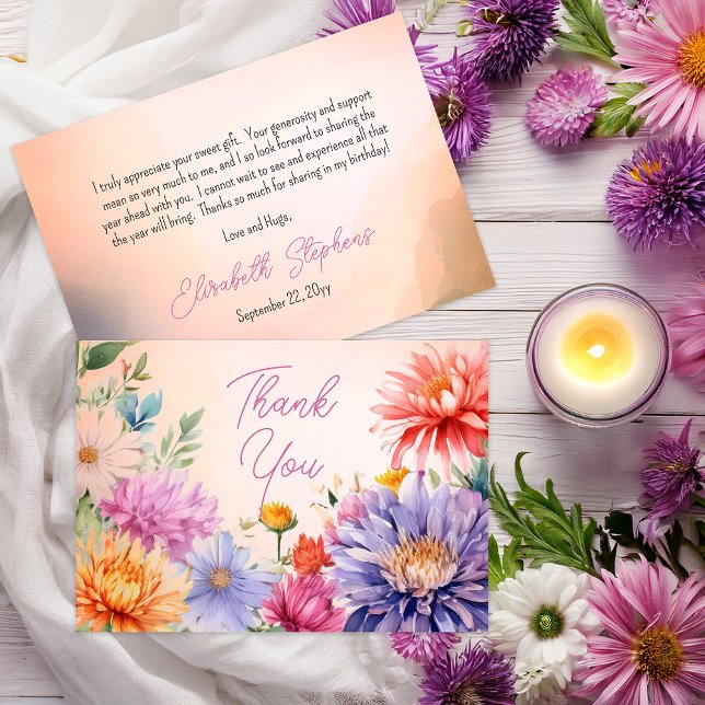 Cartão De Agradecimento Boho Aster Flowers Floral Birthday Party (Boho Aster Flowers Floral Birthday Party Thank You Flat Two-Sided Card)