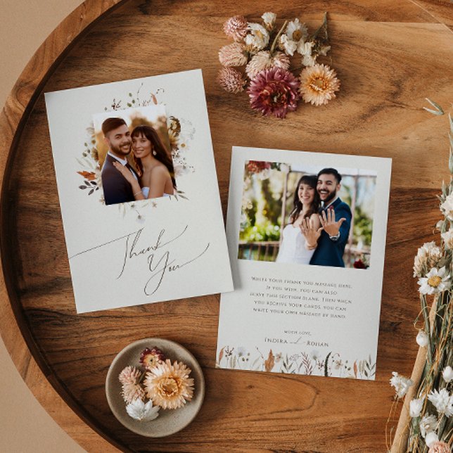 Cartão De Agradecimento Boho Autumn Wildflower | Foto plana bege (Criador carregado)