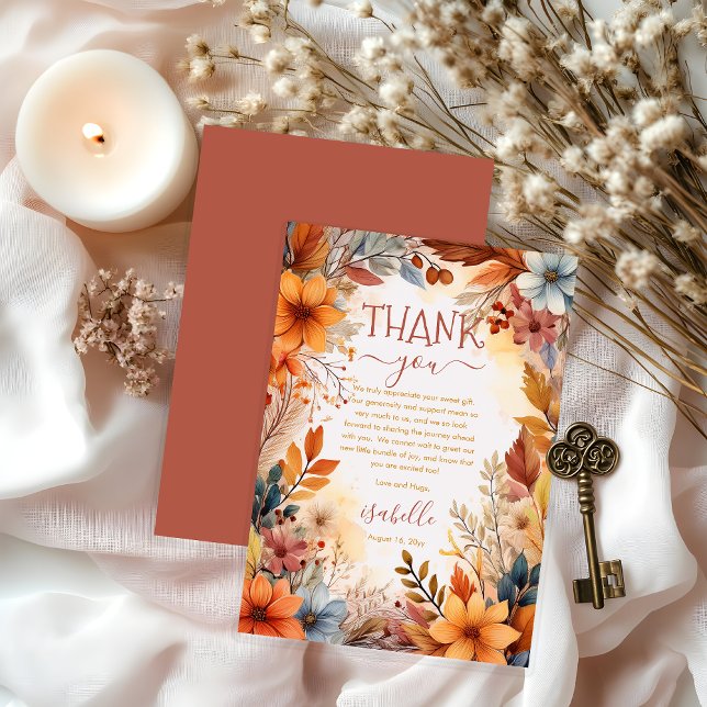 Cartão De Agradecimento Boho Baby in Bloom Fall Floral Frame Baby Shower (Boho Baby in Bloom Fall Floral Frame Baby Shower Thank You Card - Dusky Rose )