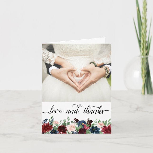 Cartão De Agradecimento Boho Bloom | Borgonha e Marinho 2 Fotografias Amar (Frente)